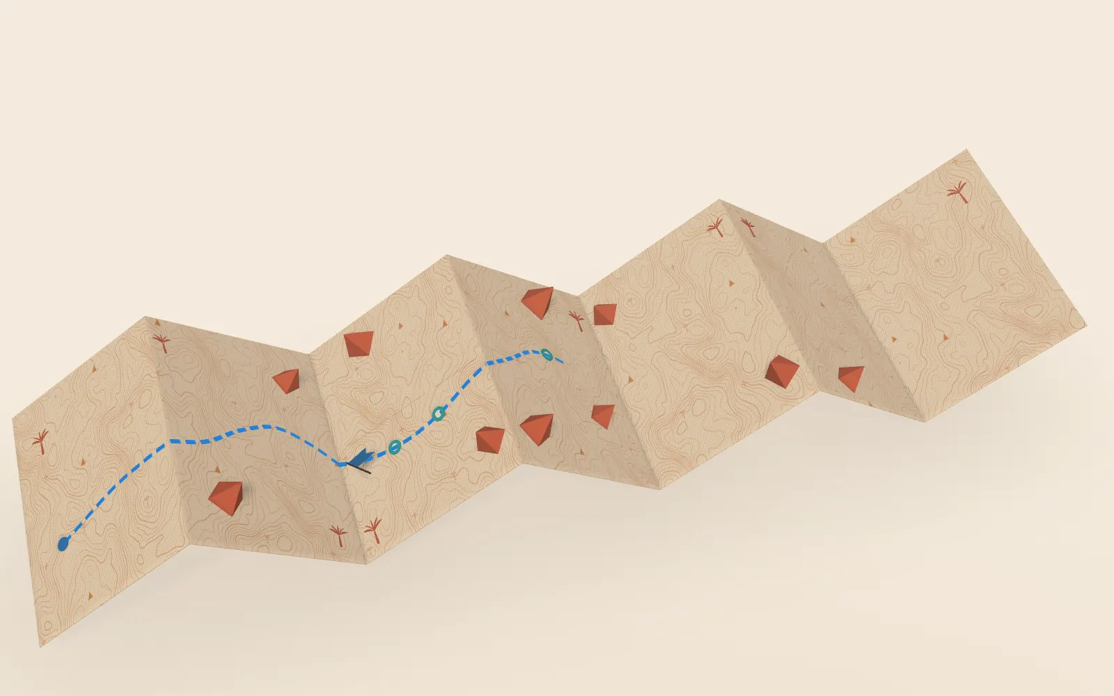Mapa de papel sanfonado aberto sobre fundo creme, com curvas de nível e rota azul tracejada entre marcadores turquesa.