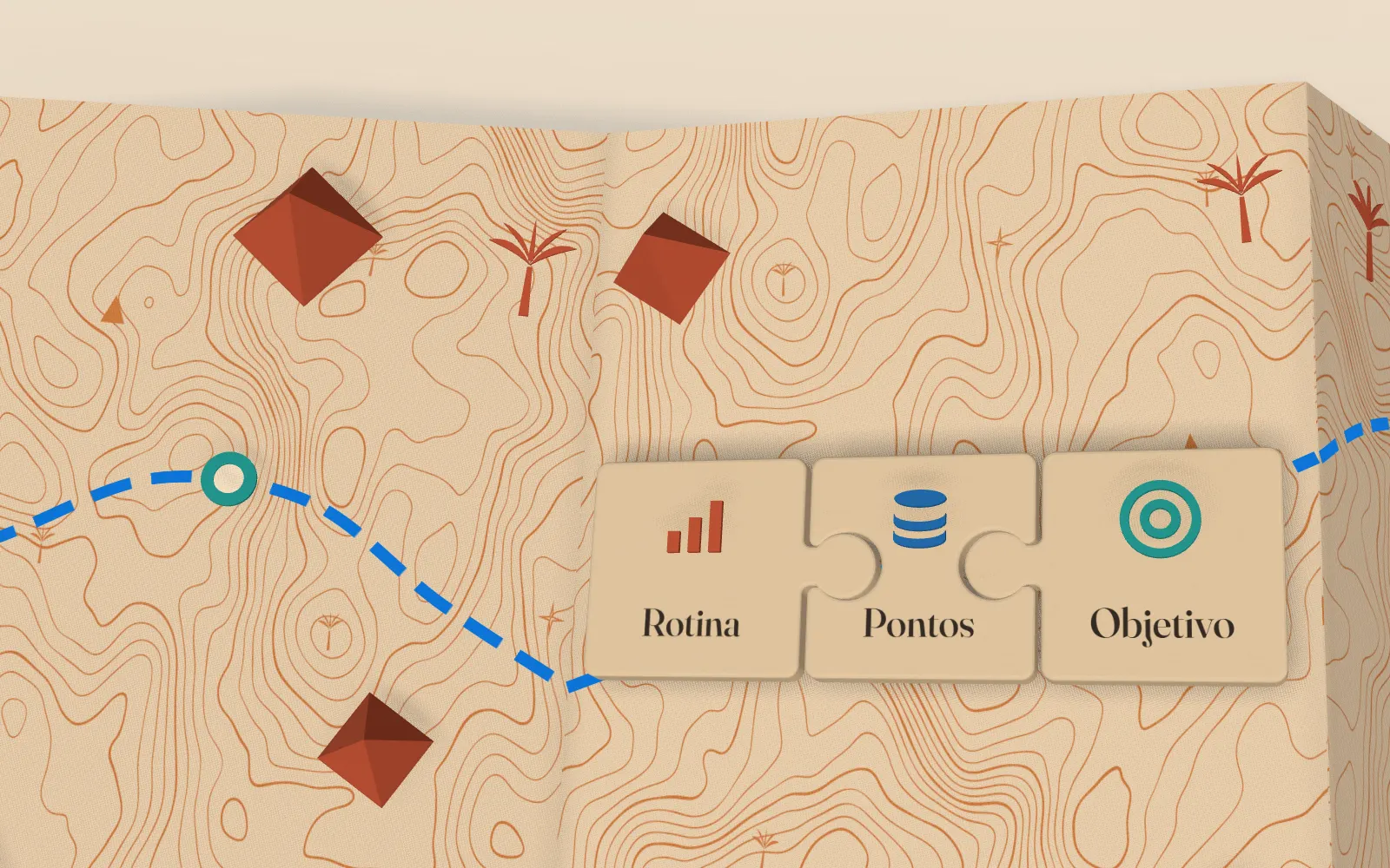 Três peças de quebra-cabeça de papel encaixadas sobre o mapa, com gráfico de barras, moedas e alvo, completando uma rota azul.